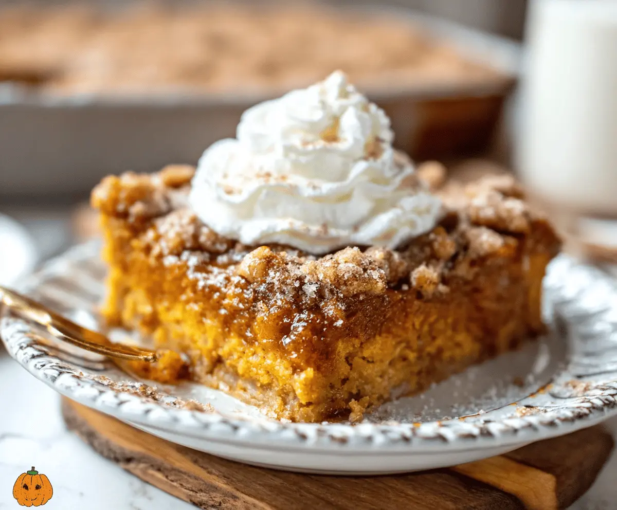 Delicious pumpkin pie dump cake topped with whipped cream, perfect for fall dessert celebrations
