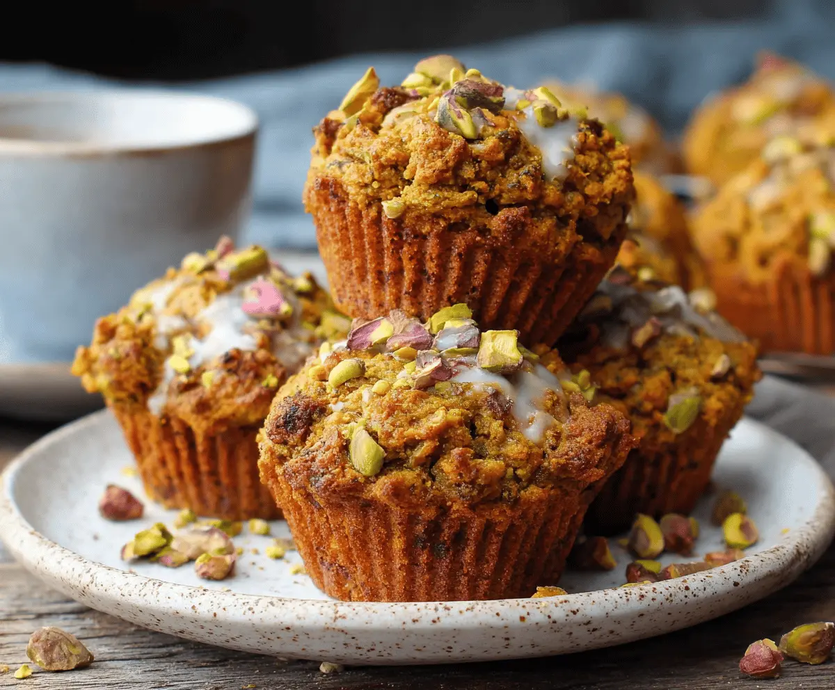 Freshly baked pumpkin pistachio muffins with a golden crust and vibrant green pistachio nuts on top, perfect for fall treats.