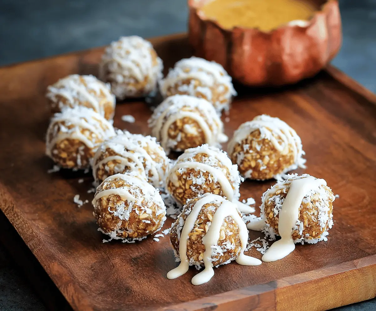 Delicious pumpkin protein snowball bites with shredded coconut and chocolate drizzle on a white plate, perfect healthy snack option.