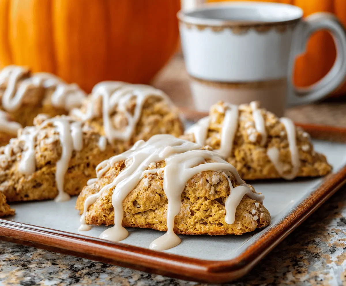 Delicious pumpkin scones topped with smooth maple icing on a rustic plate, perfect for fall breakfast or snack.
