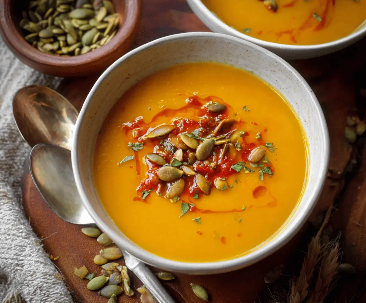 Creamy homemade pumpkin soup in a bowl topped with fresh herbs, perfect for a cozy fall meal.