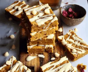 Delicious pumpkin spiced bars topped with white chocolate drizzle, perfect for fall desserts and holiday treats.