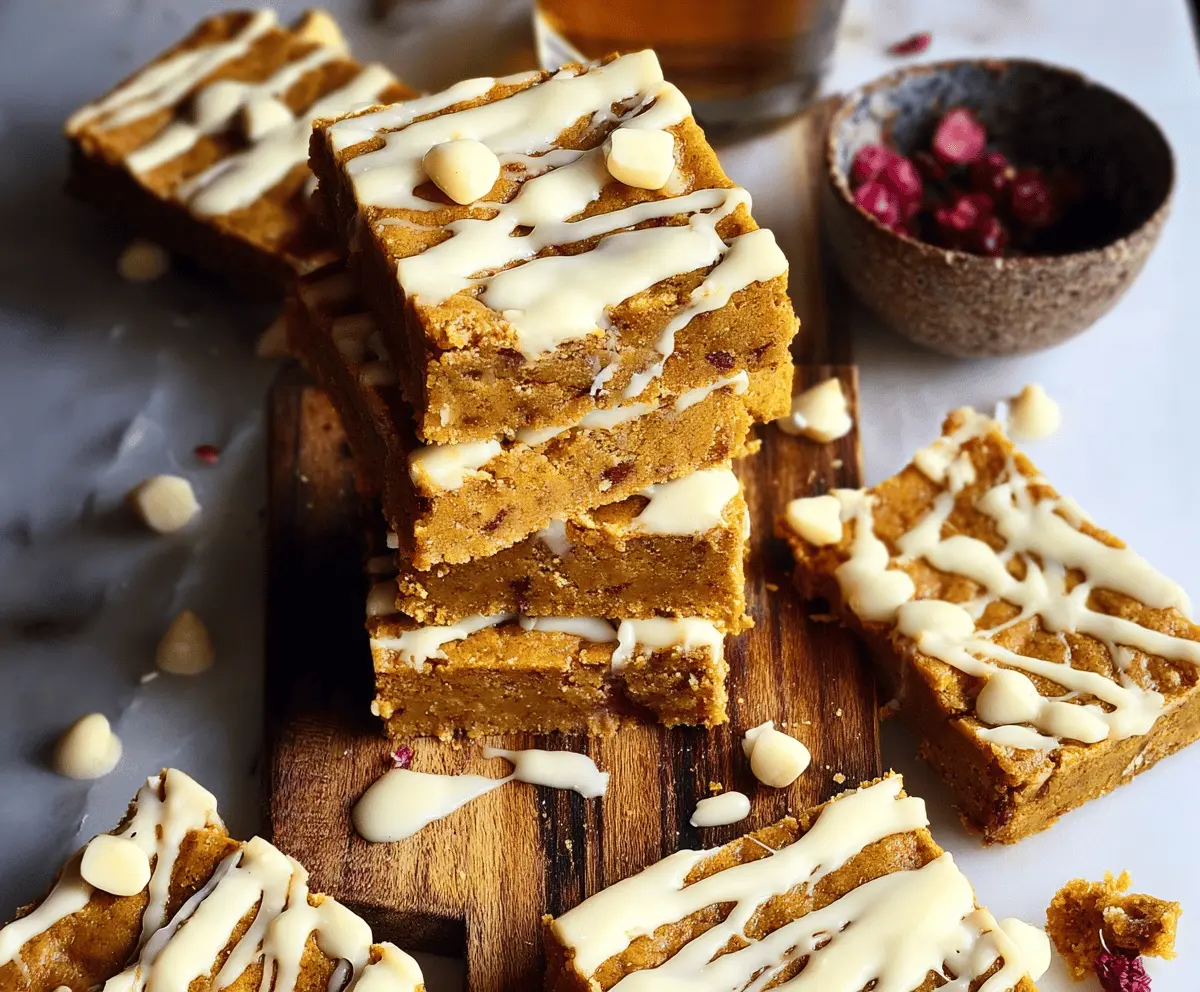 Delicious pumpkin spiced bars topped with white chocolate drizzle, perfect for fall desserts and holiday treats.