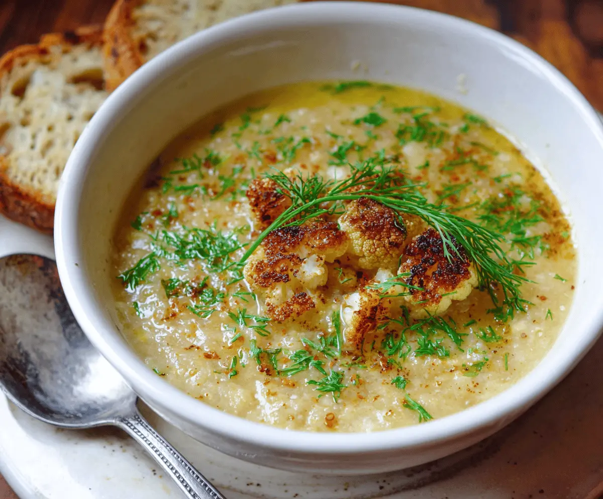 Creamy roasted cauliflower soup garnished with herbs in a rustic bowl, perfect for a comforting and healthy meal