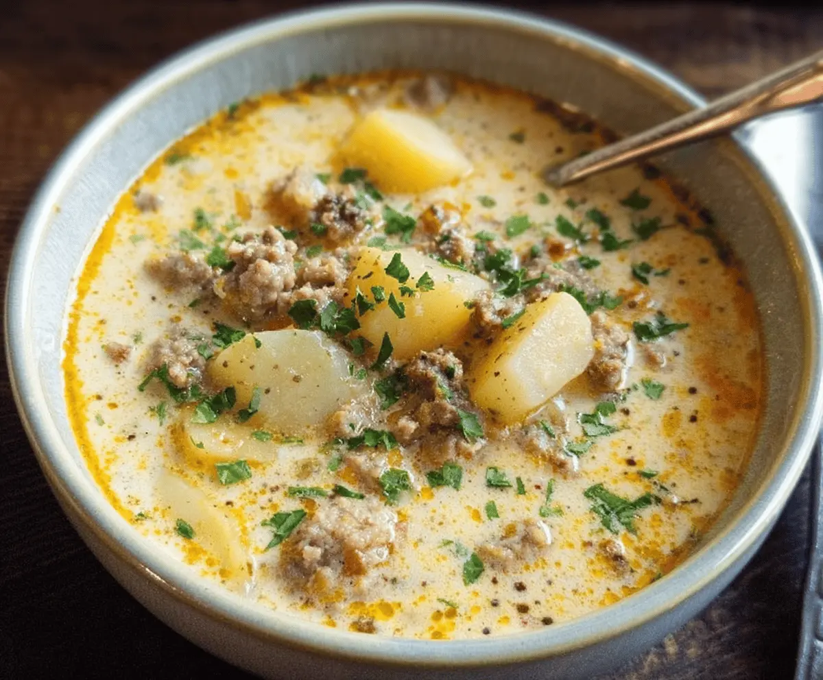 Hearty sausage potato soup served in a bowl with fresh herbs and crusty bread, perfect for comforting meals