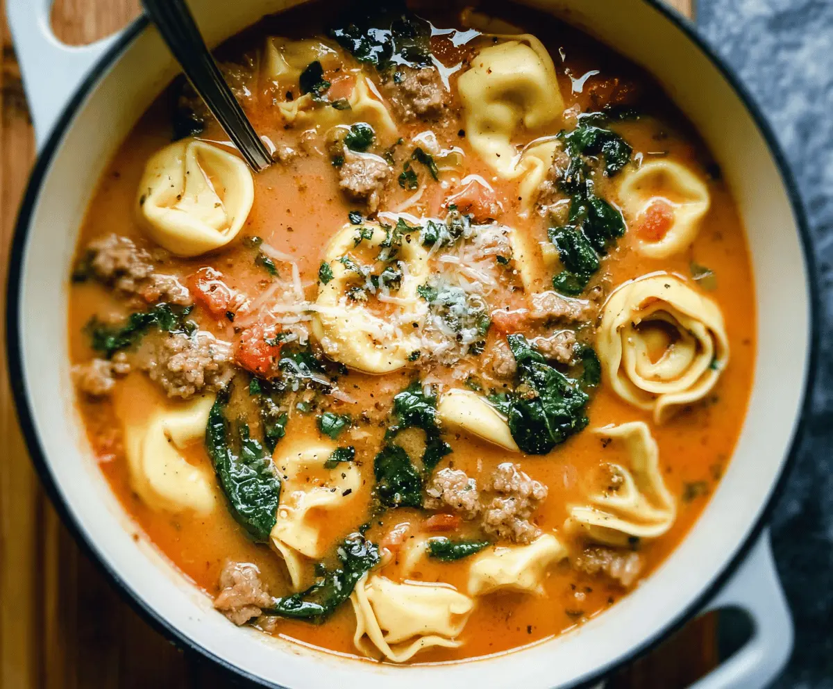 Hearty sausage tortellini soup with vegetables in a bowl, topped with fresh herbs, perfect for a comforting meal