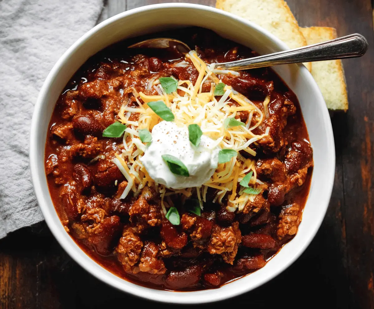 Hearty slow cooker chili with beans, ground beef, and diced tomatoes served in a bowl, perfect for a comforting meal.