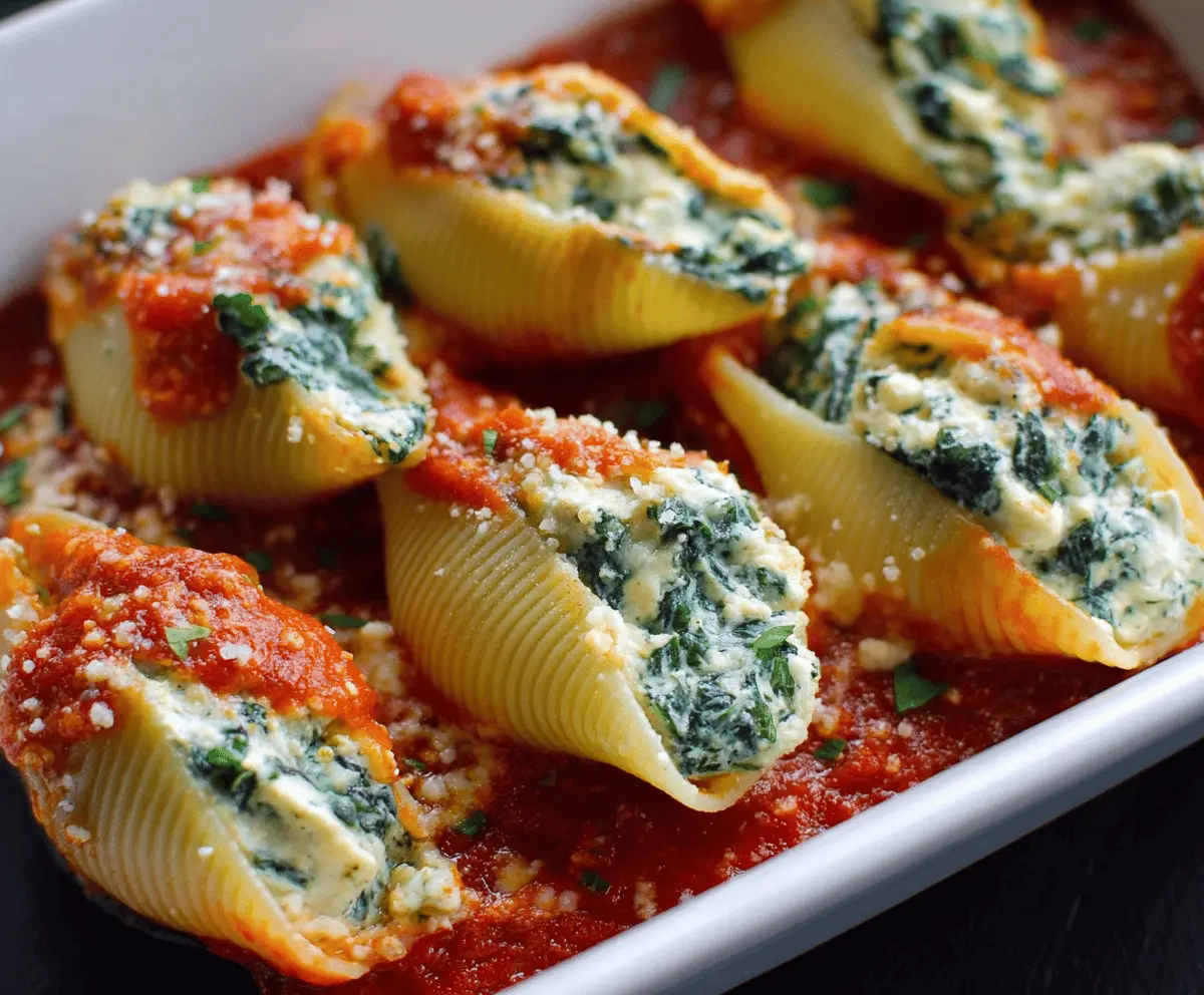 Delicious spinach and ricotta stuffed pasta shells baked to perfection, topped with melted cheese and fresh herbs.