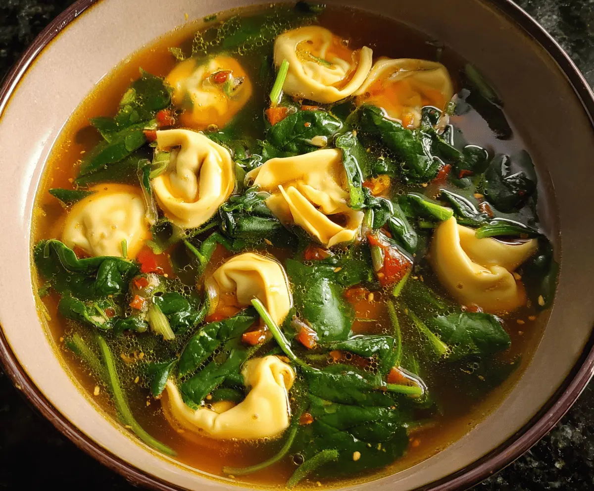 A bowl of hearty spinach tortellini soup garnished with fresh herbs and served with crusty bread on the side.