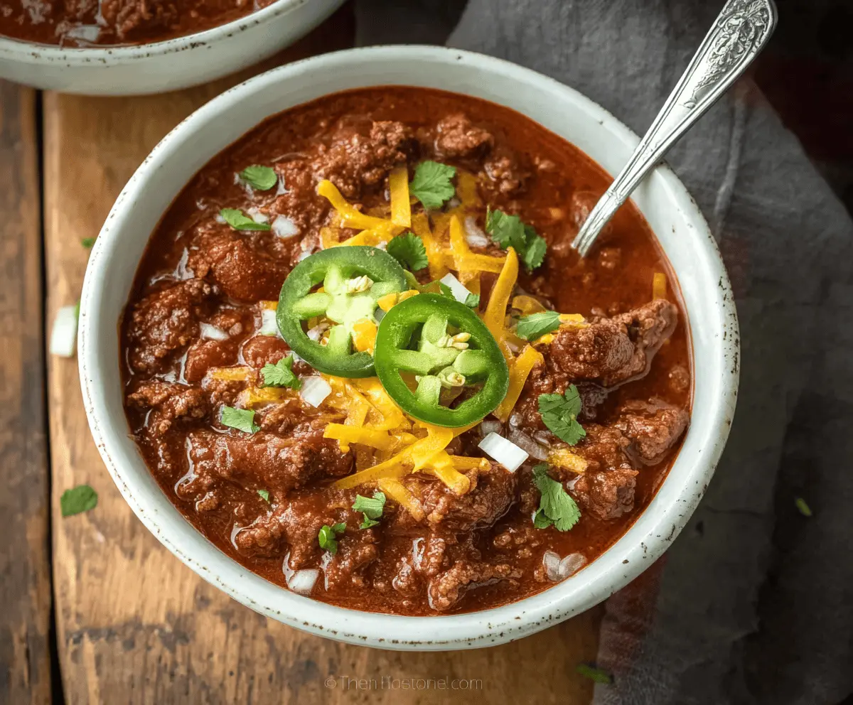 Hearty Texas Chili served in a bowl with chopped onions and cilantro, topped with shredded cheese and a side of cornbread