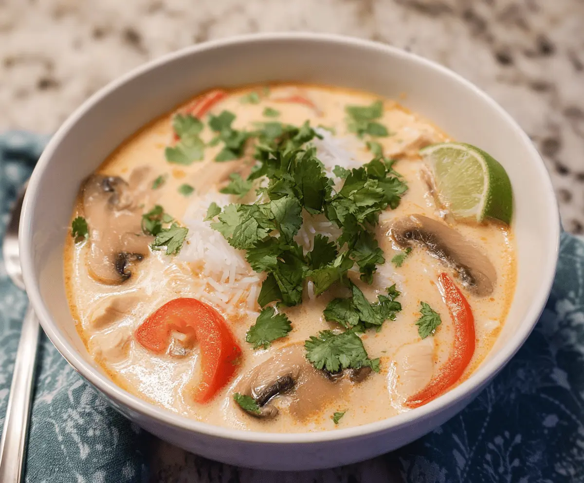 Creamy Thai Coconut Chicken Soup (Tom Kha Gai) with fresh herbs, mushrooms, and tender chicken in a flavorful coconut broth