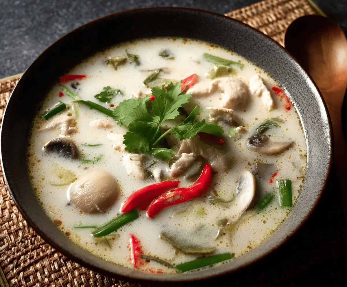 Creamy Tom Kha Gai Thai soup with chicken, mushrooms, fresh herbs, and coconut milk in a bowl.