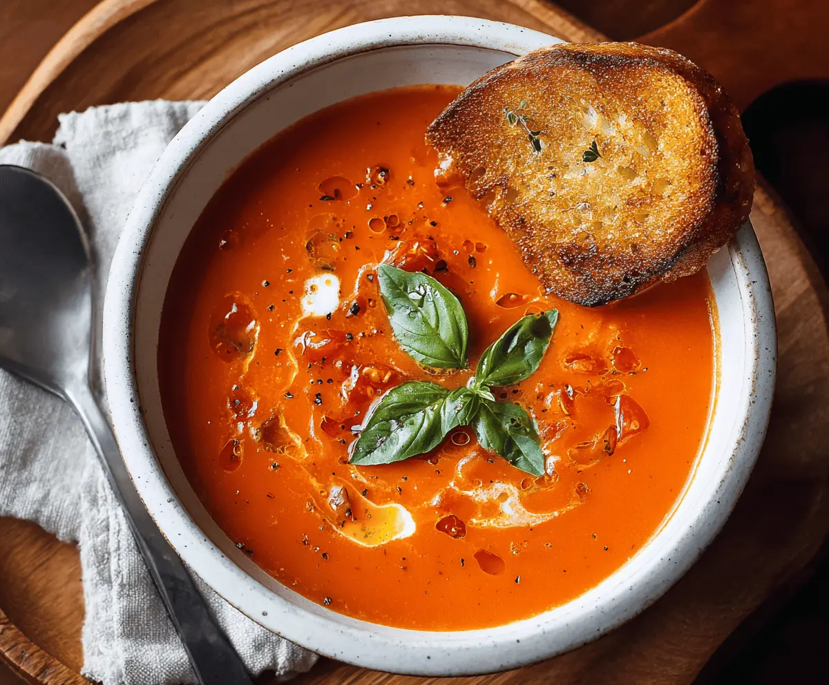 A steaming bowl of fresh tomato soup garnished with basil leaves and served with crusty bread on a rustic wooden table.