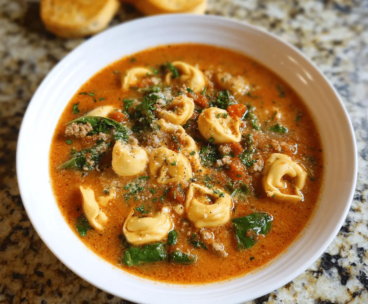 Warm and hearty tortellini soup in a bowl with fresh herbs, vegetables, and melted cheese, perfect for a comforting meal.