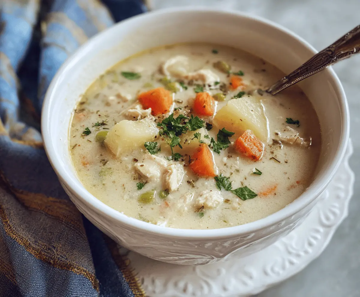 Creamy turkey potato soup in a bowl topped with fresh herbs, served with crusty bread on a rustic wooden table.