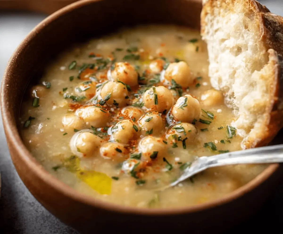 Creamy vegan garlic chickpea soup garnished with fresh herbs in a bowl, perfect for a healthy and flavorful plant-based meal.