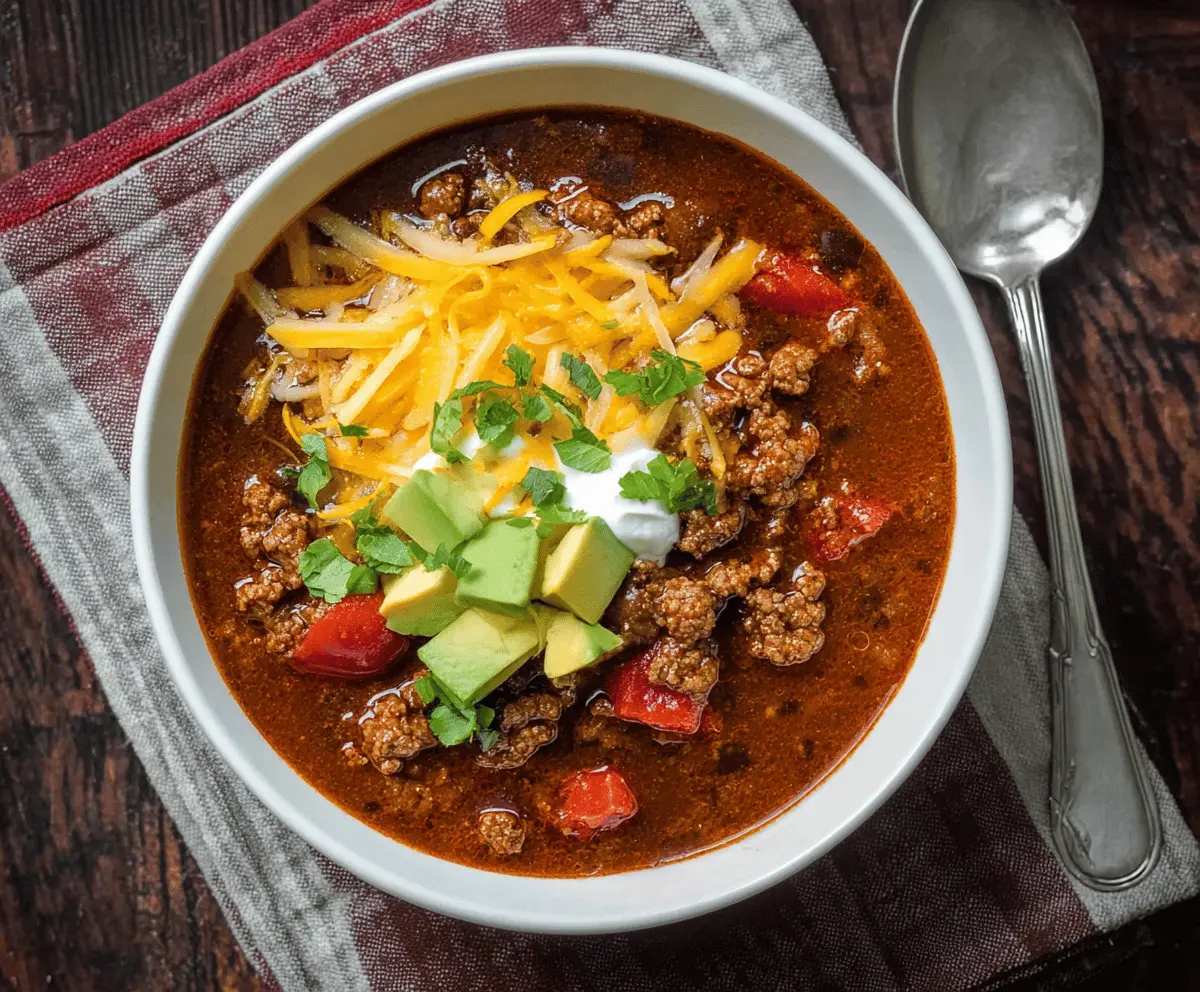Savory venison chili topped with shredded cheese and fresh herbs in a bowl, perfect for hearty comfort food
