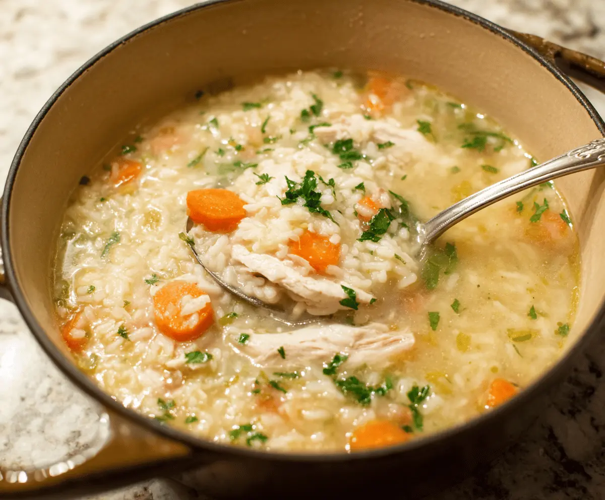 A steaming bowl of white chicken rice soup garnished with fresh herbs, served with sliced chicken, rice, and vegetables in a clear broth